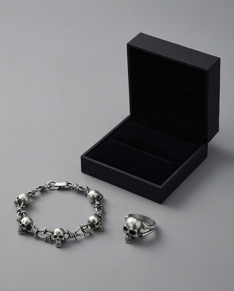 Parure Bracelet & Bague Tête de Mort — Neufs — Acier Inoxydable