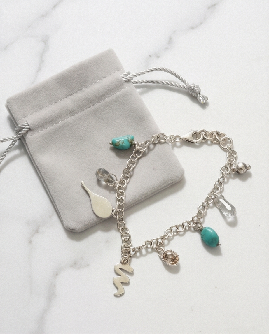 Bracelet charms, turquoise, cristal de roche - neuf