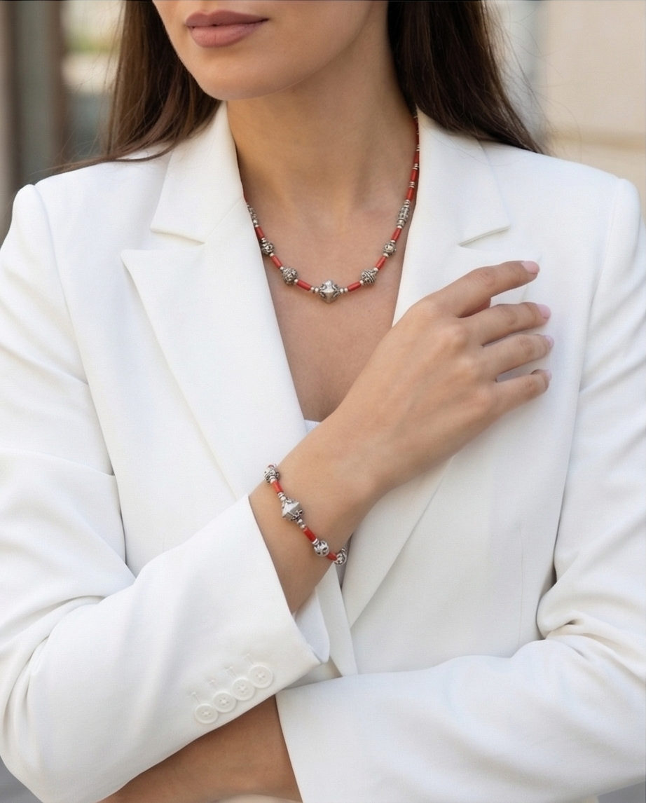 Parure Corail Véritable — Collier & Bracelet — Argent