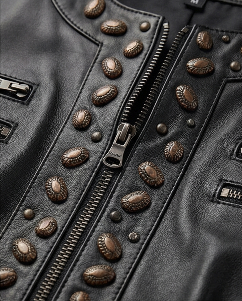Manteau en Cuir MANDARIN — Style Rock Clouté — Taille 46