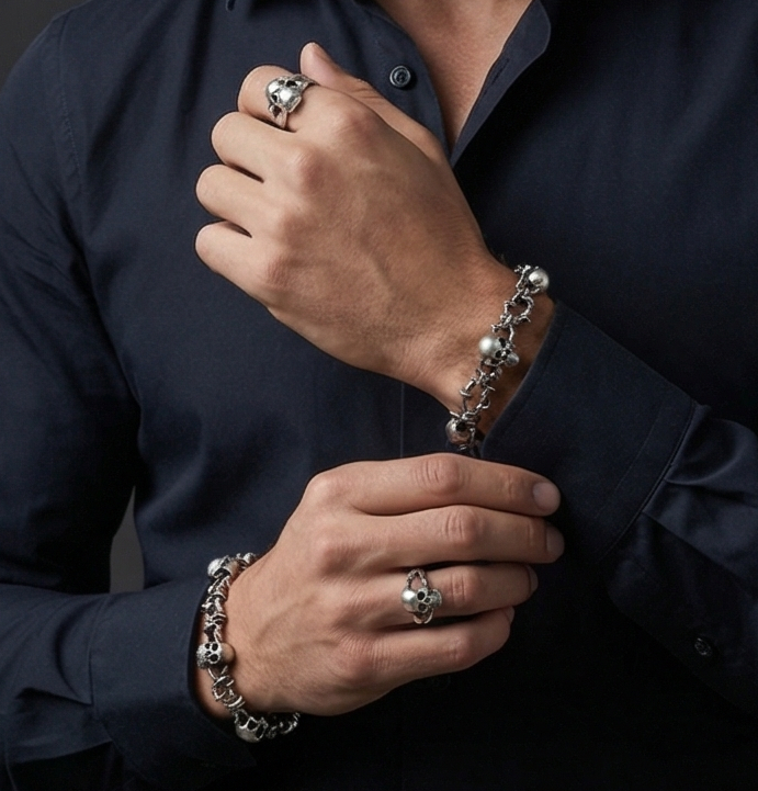 Parure Bracelet & Bague Tête de Mort — Neufs — Acier Inoxydable