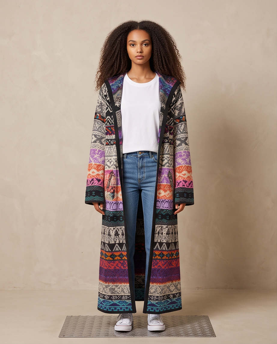 Aldo Martins – Manteau Long Multicolore en Laine – Taille M – Comme Neuf