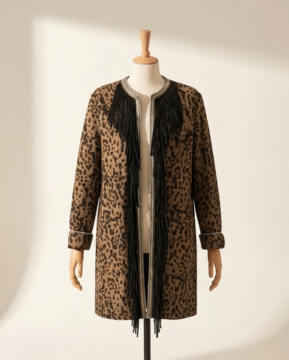 Veste BOLONDE No.8 — Motif Léopard & Franges — Boho Chic — Taille 42