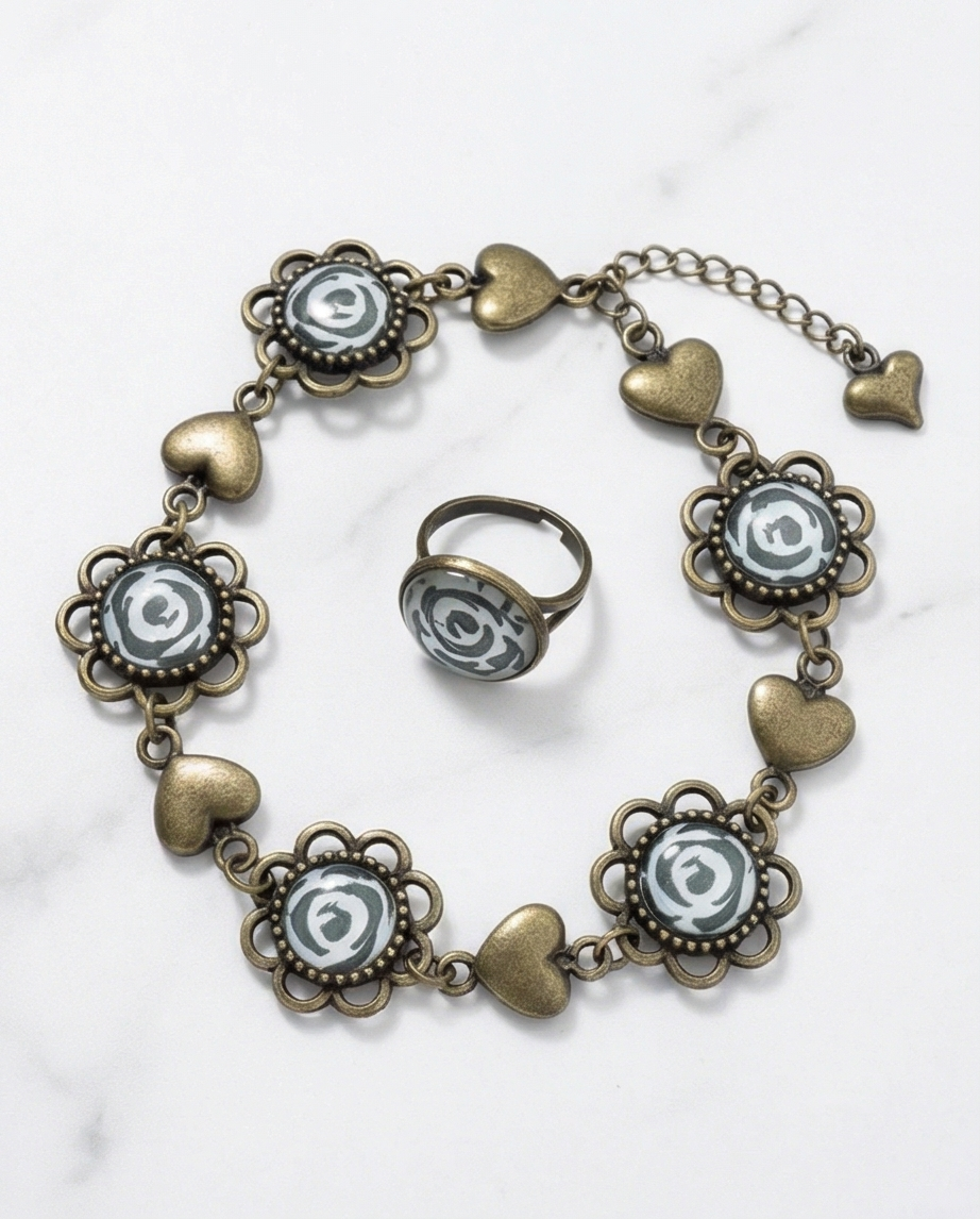 Parure Bijoux Fleurs Vintage — Bague, Bracelet & Collier — Neuve