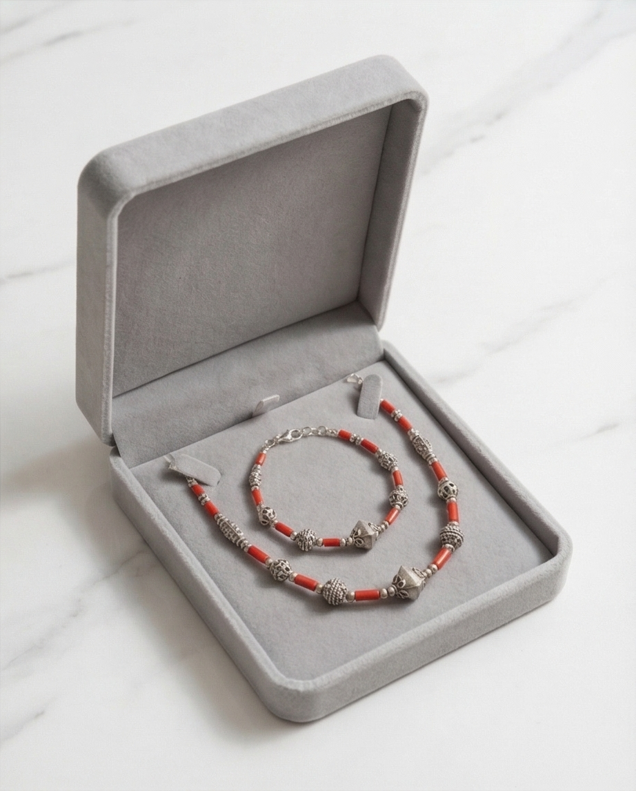 Parure Corail Véritable — Collier & Bracelet — Argent