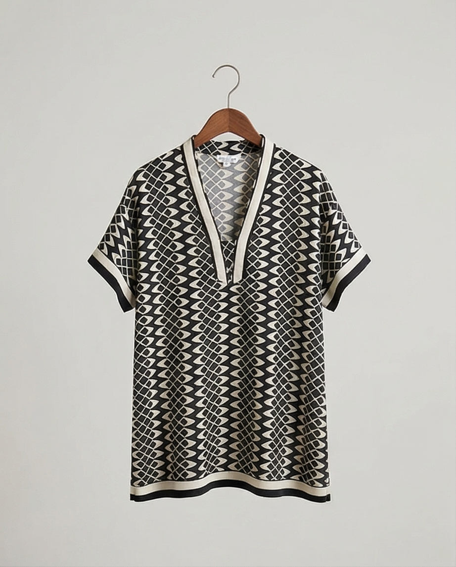 Blouse Tunique Van Deurs — 30% Soie — Motif Géométrique — Taille M