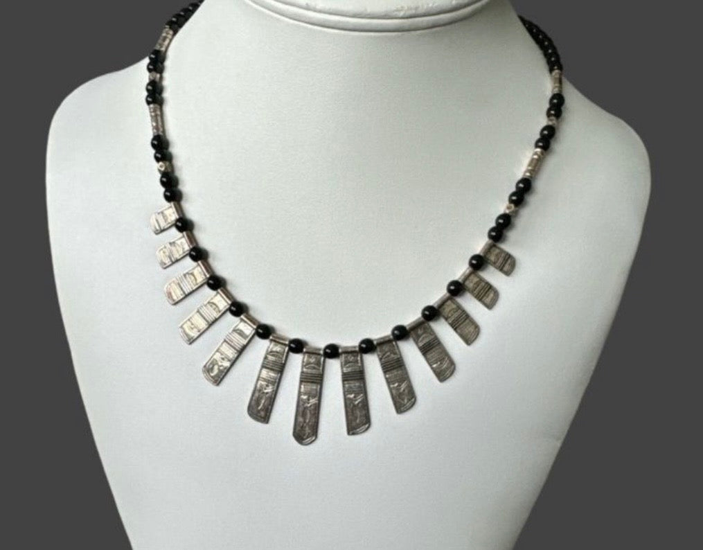 Collier Ethnique Argent & Perles d'Onyx — Neuf