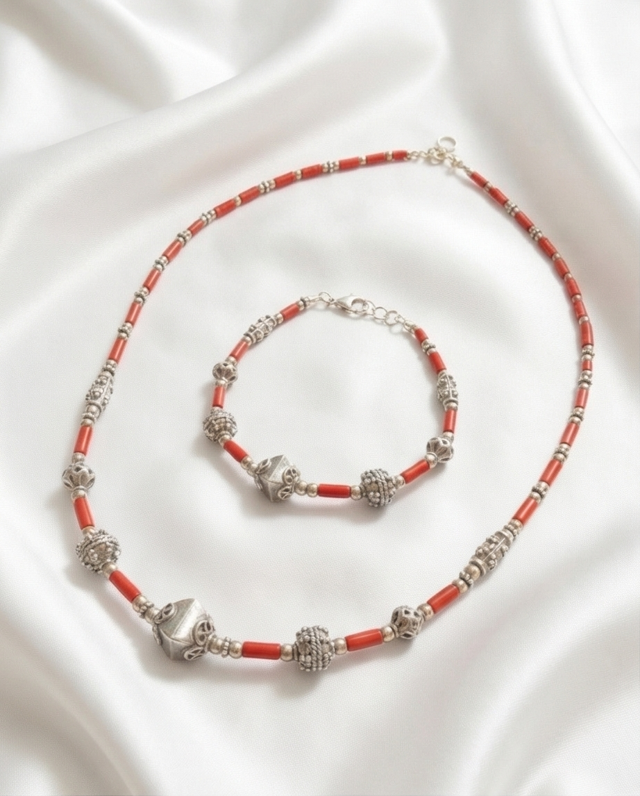 Parure Corail Véritable — Collier & Bracelet — Argent