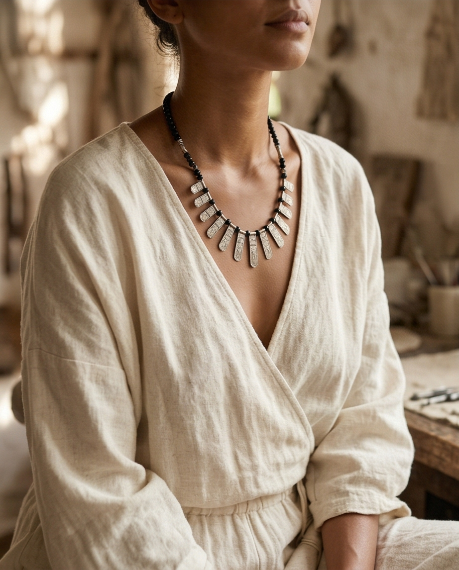 Collier Ethnique Argent & Perles d'Onyx — Neuf