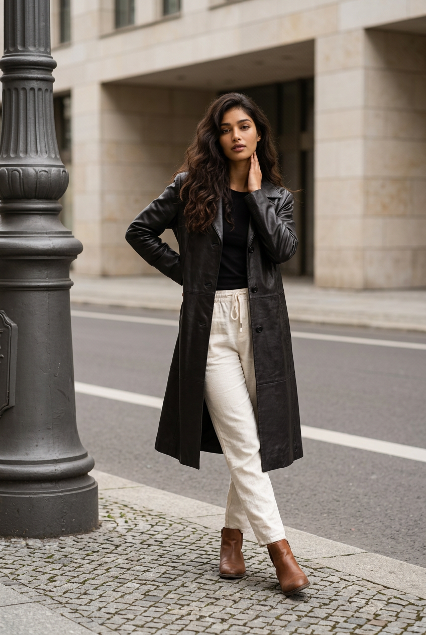 Manteau Long en Cuir LEONARDO — Noir — Très Bon État — Taille 42/44