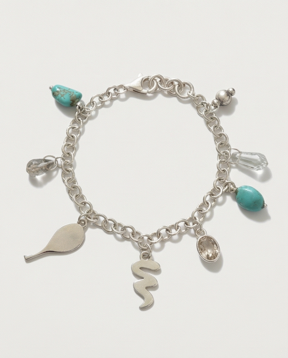 Bracelet charms, turquoise, cristal de roche - neuf