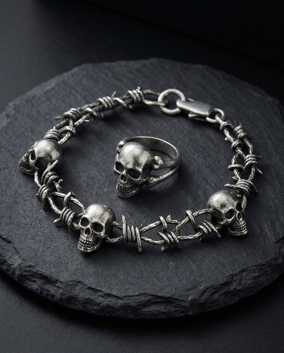 Parure Bracelet & Bague Tête de Mort — Neufs — Acier Inoxydable
