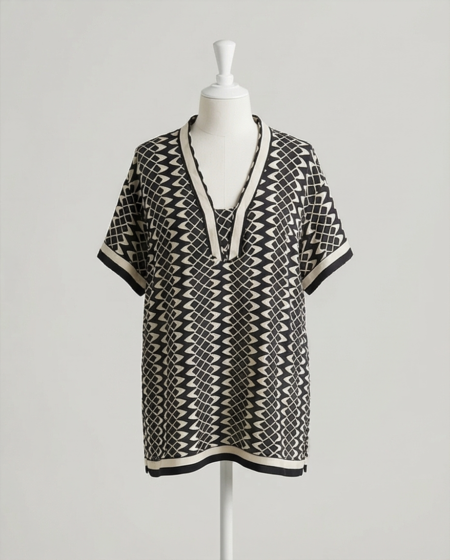 Blouse Tunique Van Deurs — 30% Soie — Motif Géométrique — Taille M