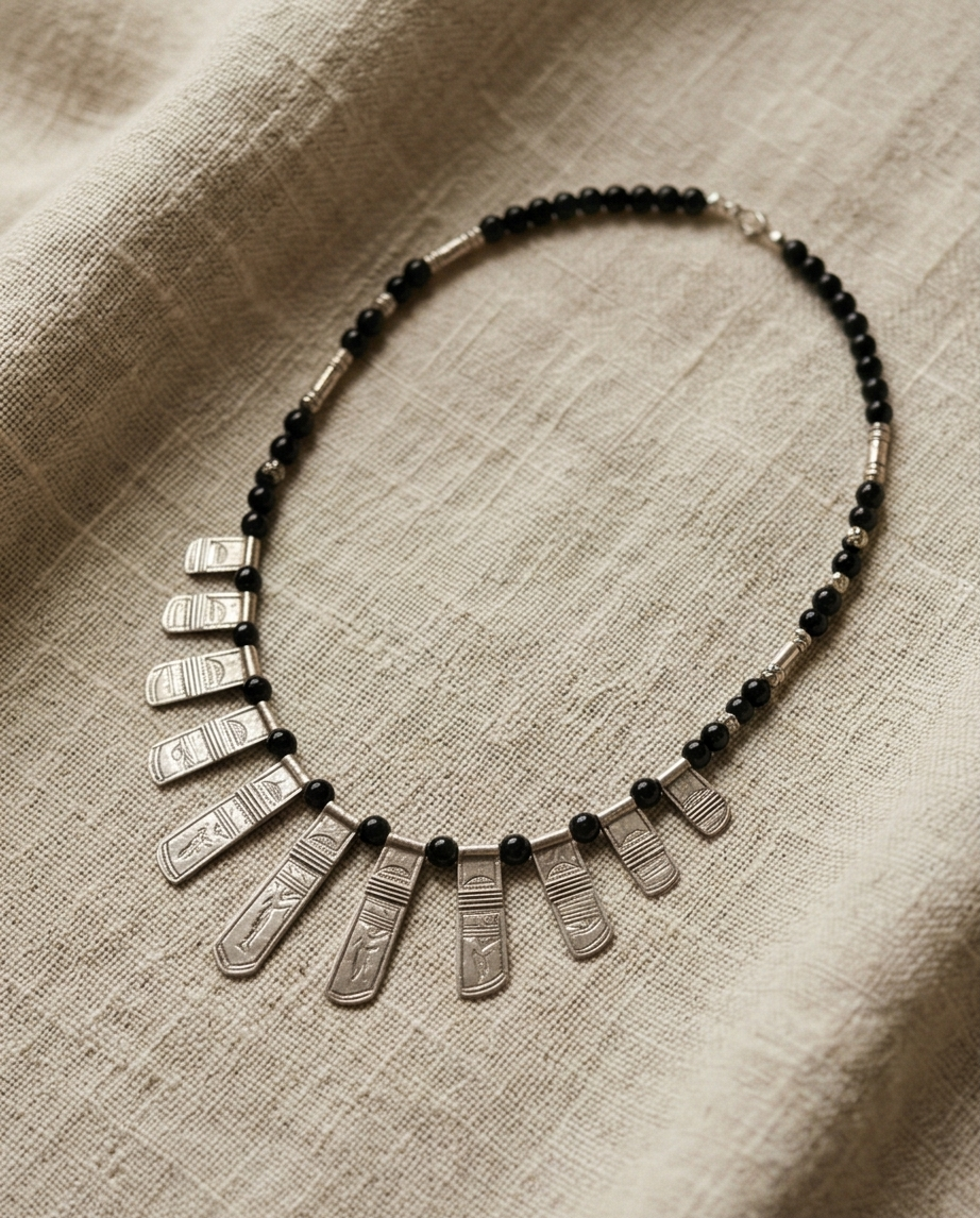 Collier Ethnique Argent & Perles d'Onyx — Neuf