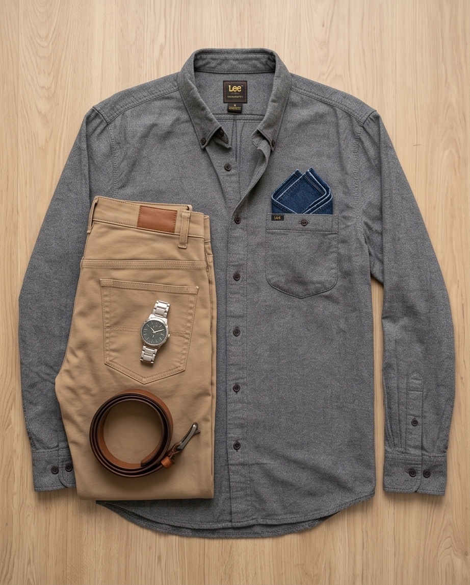 Chemise Lee Homme Coton Chevrons Relaxed Fit — Neuve — Taille M
