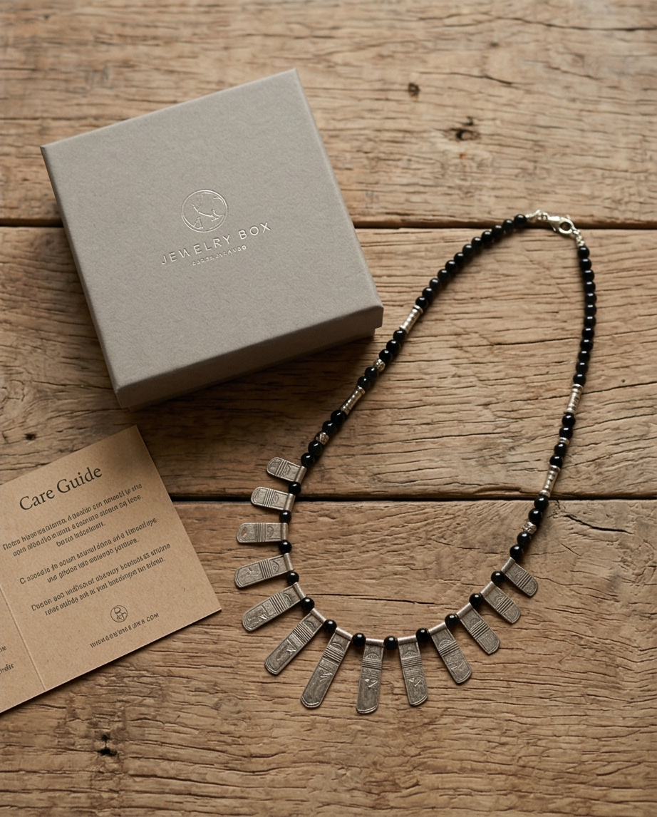 Collier Ethnique Argent & Perles d'Onyx — Neuf