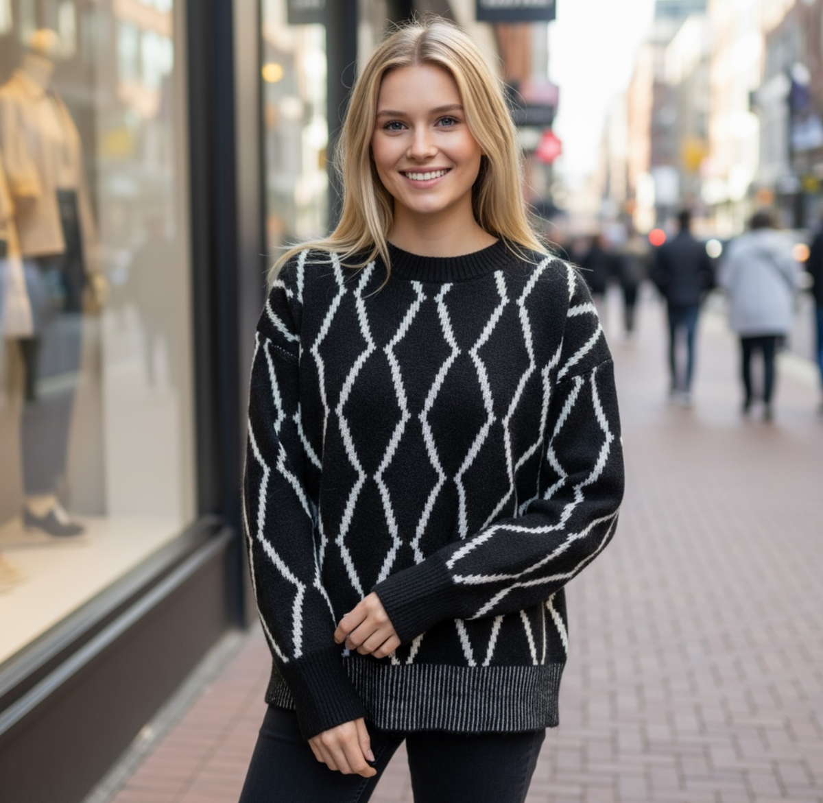 Pull FERRACHE Motifs Losanges Noir — Neuf — Taille M