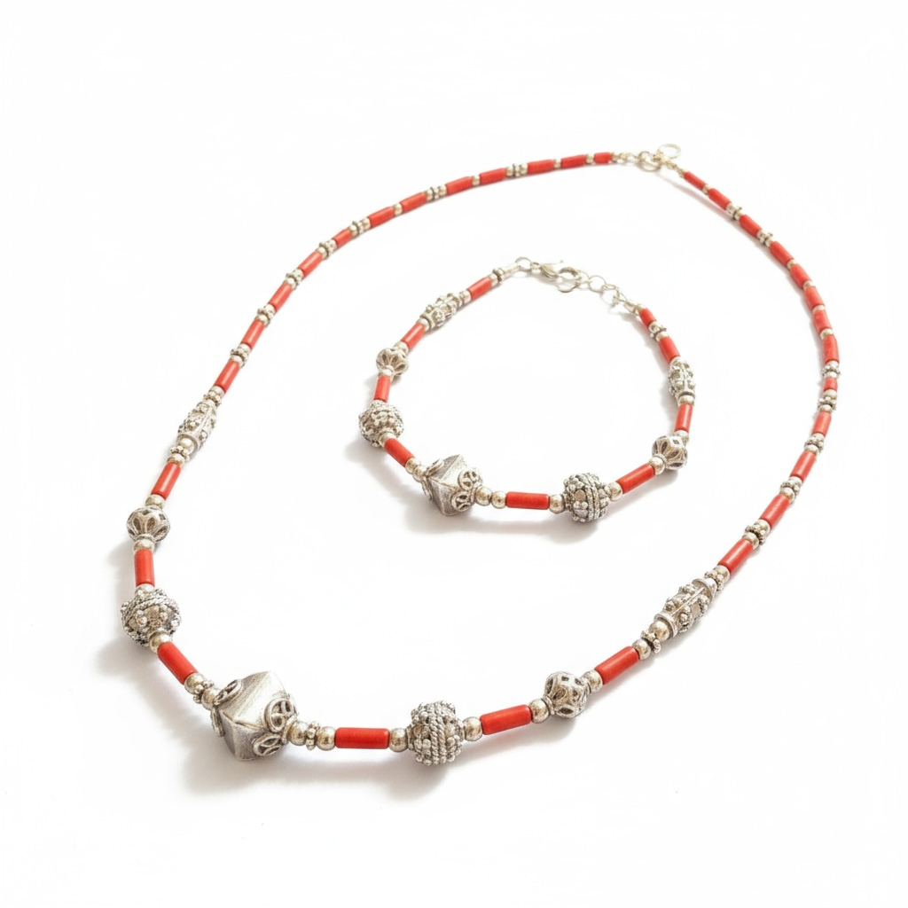 Parure Corail Véritable — Collier & Bracelet — Argent