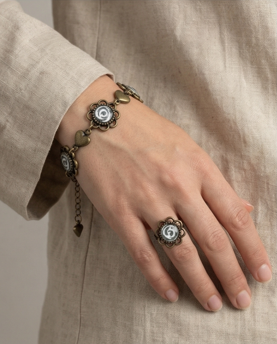 Parure Bijoux Fleurs Vintage — Bague, Bracelet & Collier — Neuve