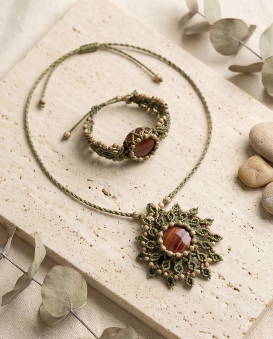 Parure collier et bracelet en macramé — Fait main — Neuve